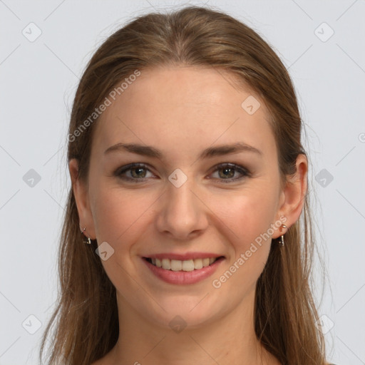 Joyful white young-adult female with long  brown hair and grey eyes