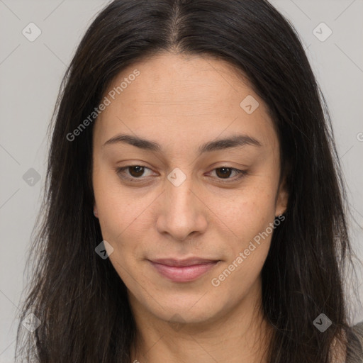 Joyful latino young-adult female with long  brown hair and brown eyes