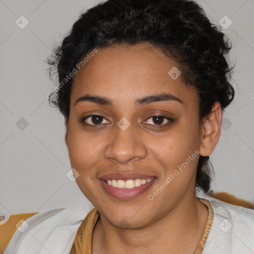 Joyful latino young-adult female with short  black hair and brown eyes