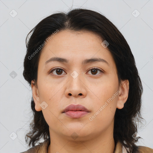 Neutral asian young-adult female with medium  brown hair and brown eyes