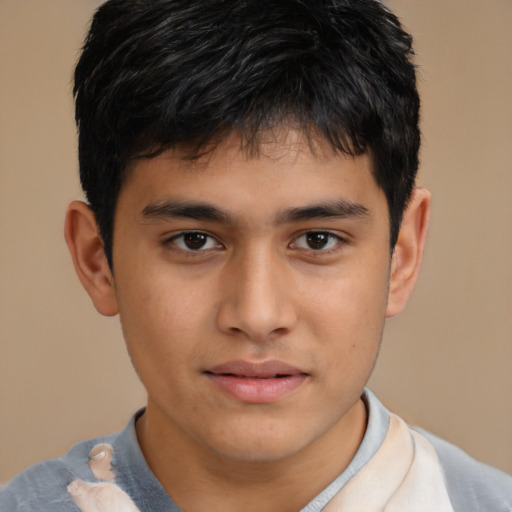 Joyful asian child male with short  brown hair and brown eyes