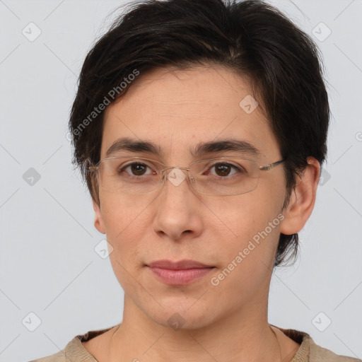 Neutral white adult female with medium  brown hair and brown eyes