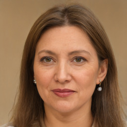 Joyful white adult female with long  brown hair and grey eyes