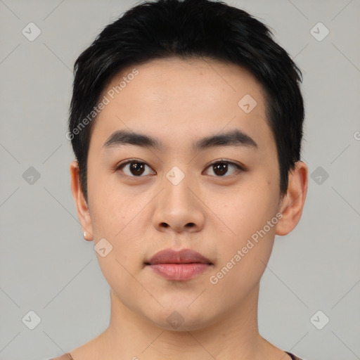 Neutral asian young-adult male with short  black hair and brown eyes