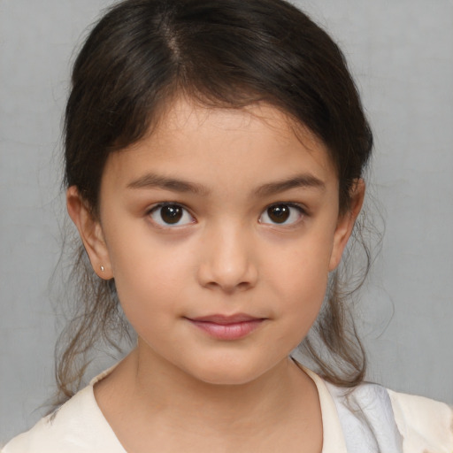 Joyful white child female with medium  brown hair and brown eyes