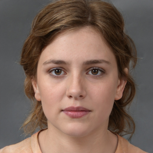 Neutral white young-adult female with medium  brown hair and brown eyes