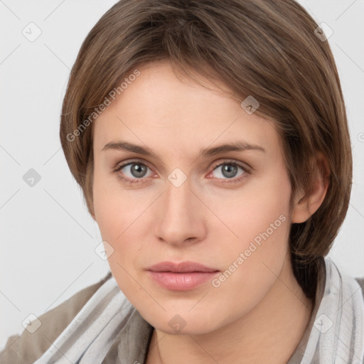 Neutral white young-adult female with medium  brown hair and grey eyes