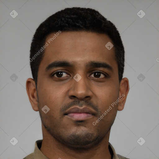 Neutral black young-adult male with short  black hair and brown eyes