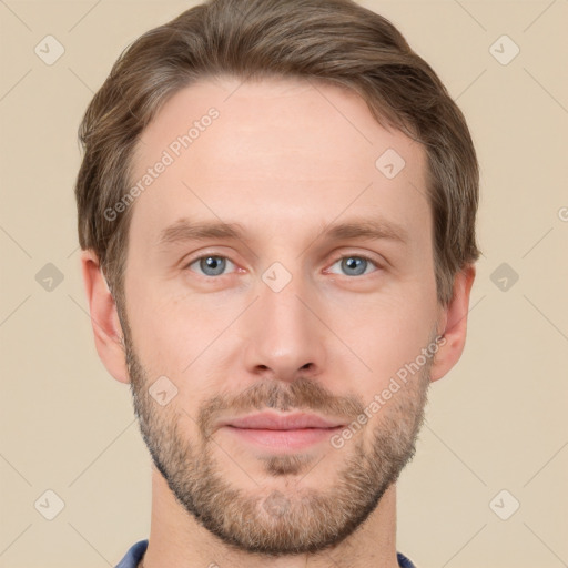 Neutral white young-adult male with short  brown hair and grey eyes