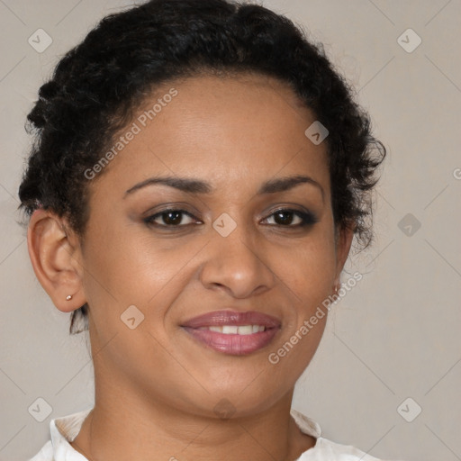 Joyful latino young-adult female with short  brown hair and brown eyes