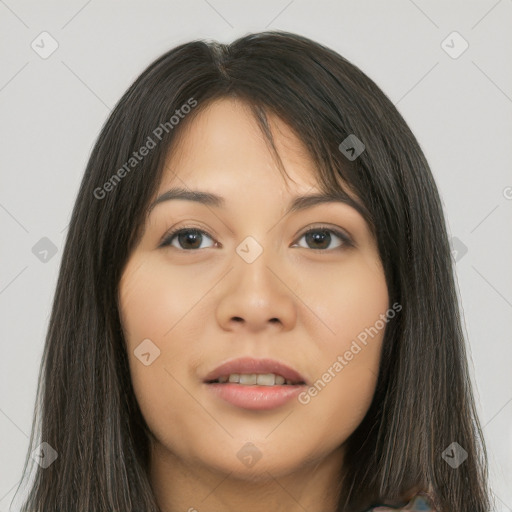 Neutral asian young-adult female with long  brown hair and brown eyes