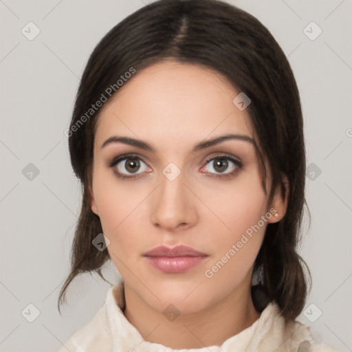 Neutral white young-adult female with medium  brown hair and brown eyes