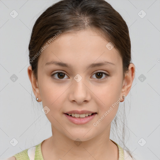 Joyful white child female with medium  brown hair and brown eyes