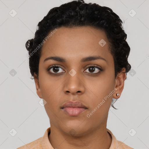 Neutral latino young-adult female with short  black hair and brown eyes