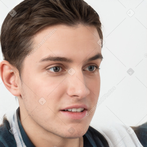 Neutral white young-adult male with short  brown hair and brown eyes