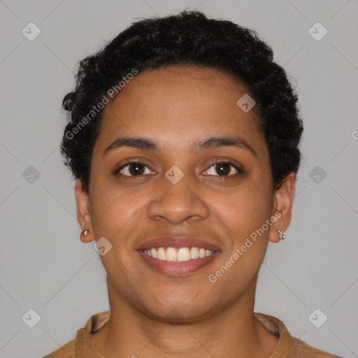 Joyful black young-adult female with short  brown hair and brown eyes