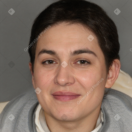 Joyful white adult female with short  brown hair and brown eyes