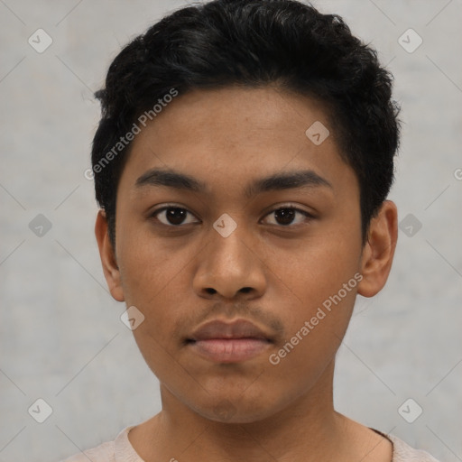 Neutral asian young-adult male with short  black hair and brown eyes