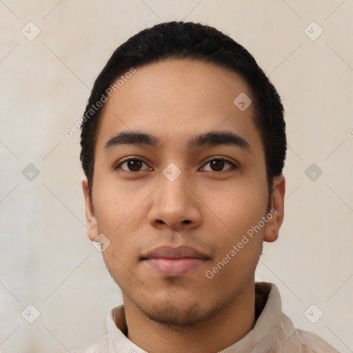 Neutral latino young-adult male with short  black hair and brown eyes