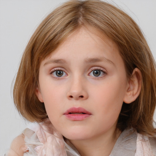 Neutral white child female with medium  brown hair and blue eyes