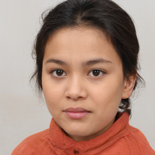 Joyful white child female with medium  brown hair and brown eyes