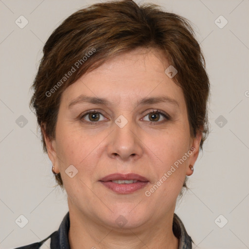 Joyful white adult female with medium  brown hair and brown eyes