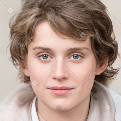 Joyful white young-adult female with medium  brown hair and blue eyes