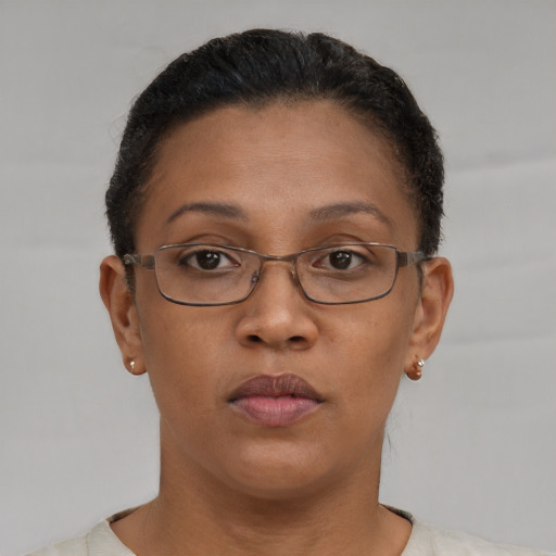Neutral latino adult female with short  brown hair and brown eyes