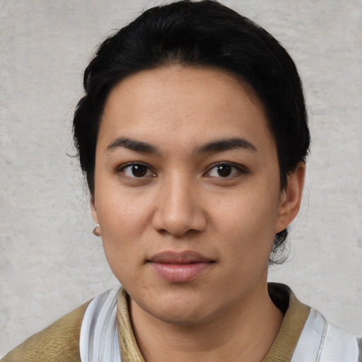 Neutral asian young-adult female with short  black hair and brown eyes