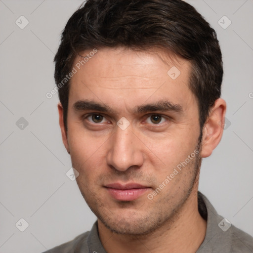 Neutral white young-adult male with short  brown hair and brown eyes