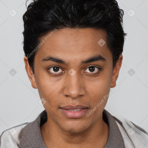 Neutral latino young-adult male with short  black hair and brown eyes