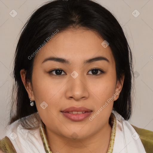 Joyful latino young-adult female with medium  brown hair and brown eyes