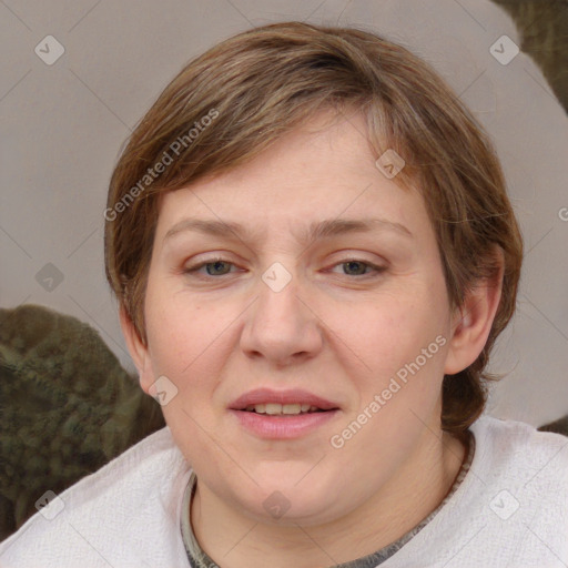 Joyful white young-adult female with medium  brown hair and blue eyes