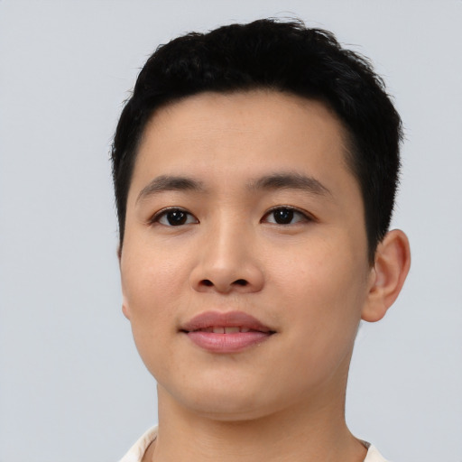 Neutral asian young-adult male with short  black hair and brown eyes