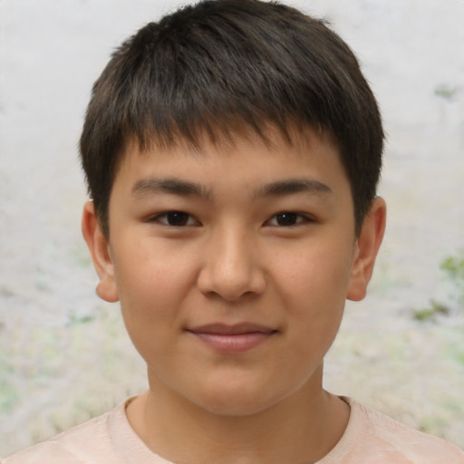 Joyful asian child male with short  brown hair and brown eyes