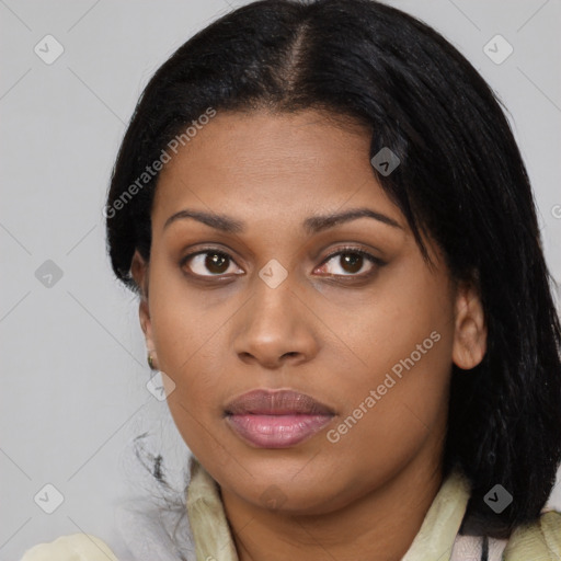 Joyful black young-adult female with medium  black hair and brown eyes