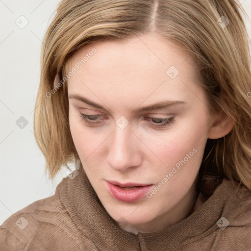 Neutral white young-adult female with long  brown hair and grey eyes