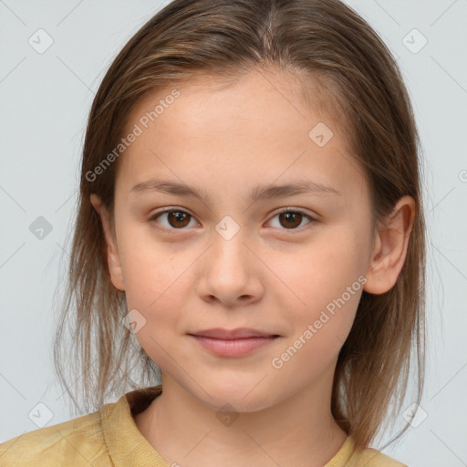 Joyful white child female with medium  brown hair and brown eyes