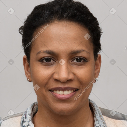Joyful latino young-adult female with short  black hair and brown eyes