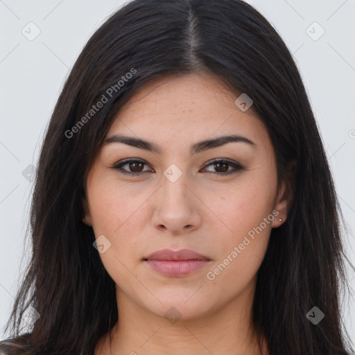 Joyful asian young-adult female with long  brown hair and brown eyes