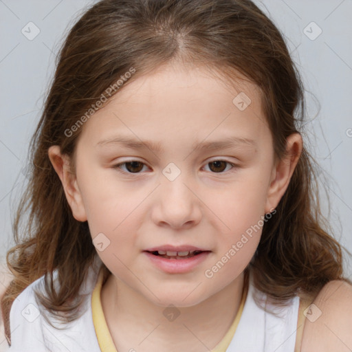 Joyful white child female with medium  brown hair and brown eyes