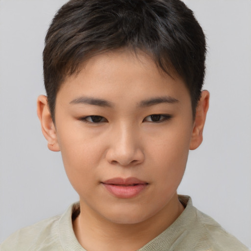 Neutral asian child female with short  brown hair and brown eyes