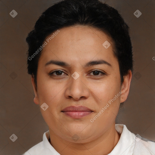 Joyful latino young-adult female with short  brown hair and brown eyes