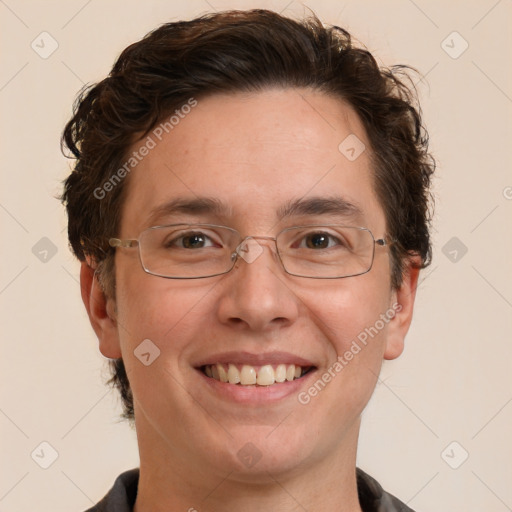 Joyful white adult male with short  brown hair and grey eyes