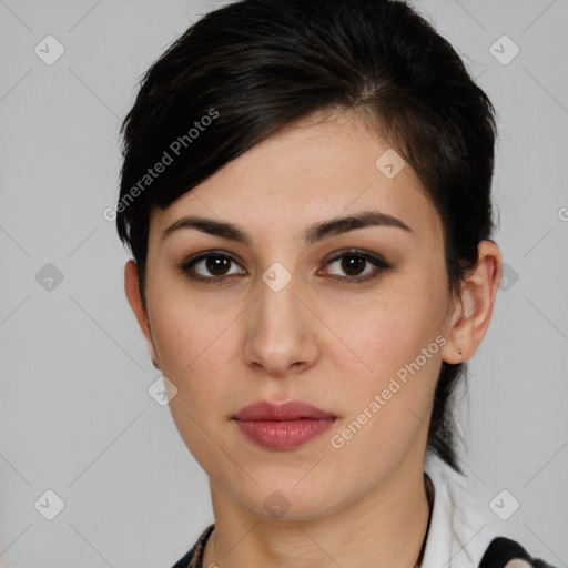 Neutral white young-adult female with medium  brown hair and brown eyes