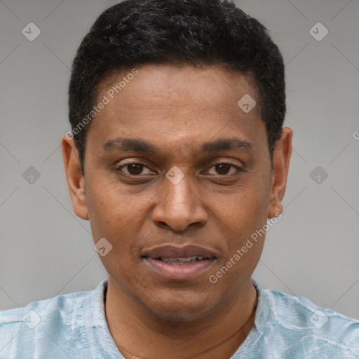 Joyful latino young-adult male with short  brown hair and brown eyes