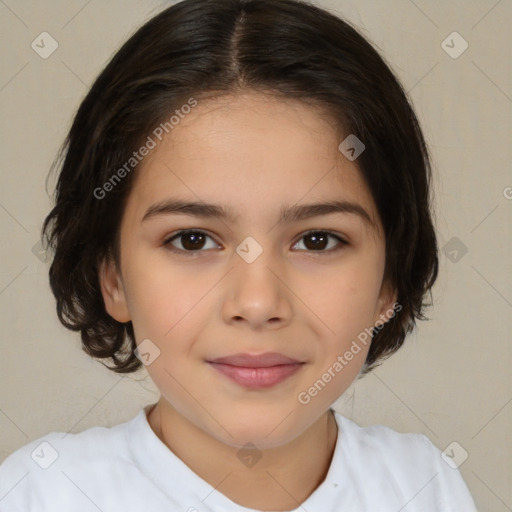 Joyful white child female with medium  brown hair and brown eyes