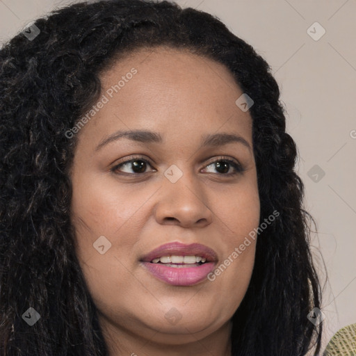 Joyful latino young-adult female with long  brown hair and brown eyes