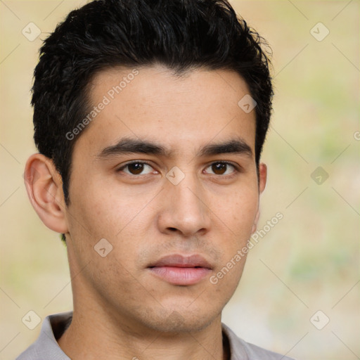 Neutral latino young-adult male with short  brown hair and brown eyes