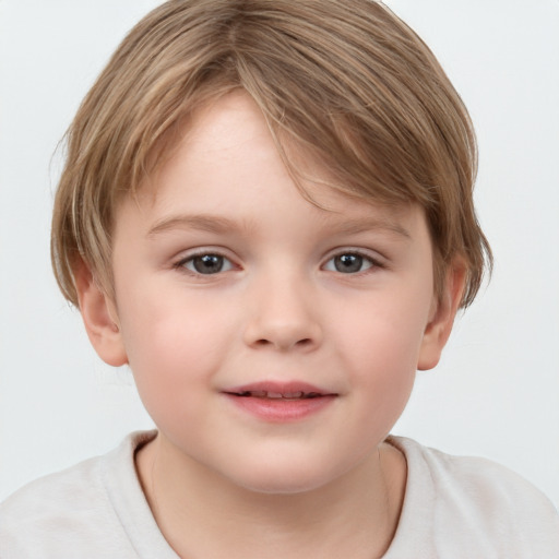 Joyful white child female with short  brown hair and brown eyes